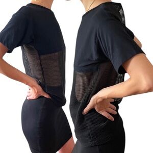 Vintage Le Tigre Black Cotton Crew Peekaboo Fishnet Mesh Backless Tee Shirt - S